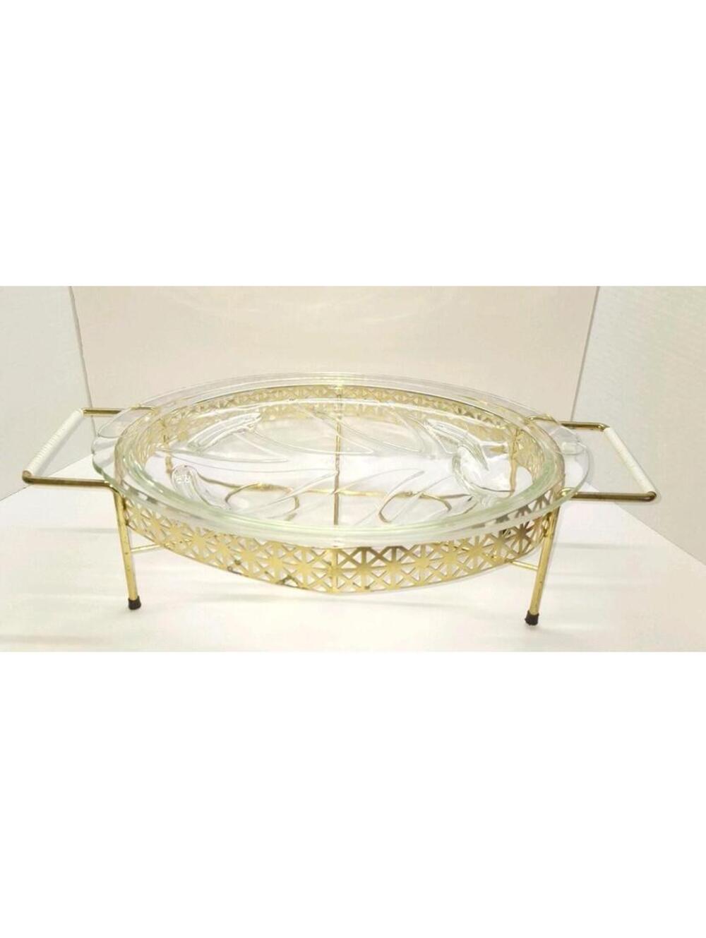 Pyrex Chafing Dish With Gold tone Stand Vintage Rare 1960 Complete W TL Holder